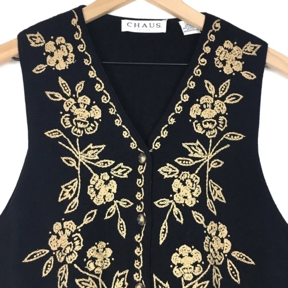 CHAUS Vest Silk Sweater Knit Embroidered Floral Dark Academia Petite Size Medium - Picture 2 of 6